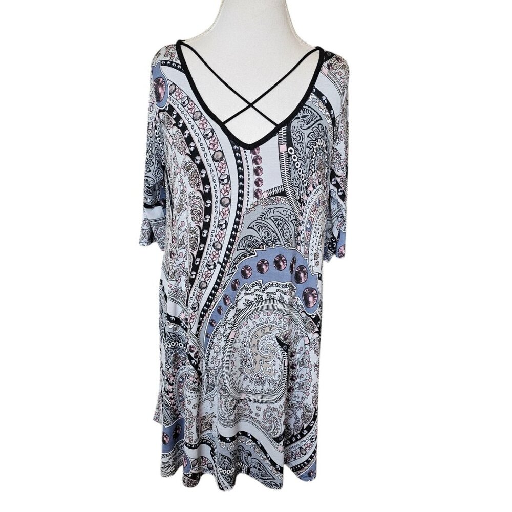 Dressing Gaudy Womens Dress Slinky Paisley Pockets Vneck Strappy Sz XL Gray